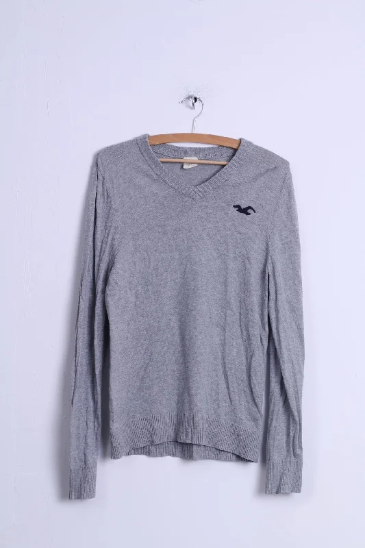 Hollister Mens L (S) Jumper Grey Cotton V Neck Light Fit Sweater