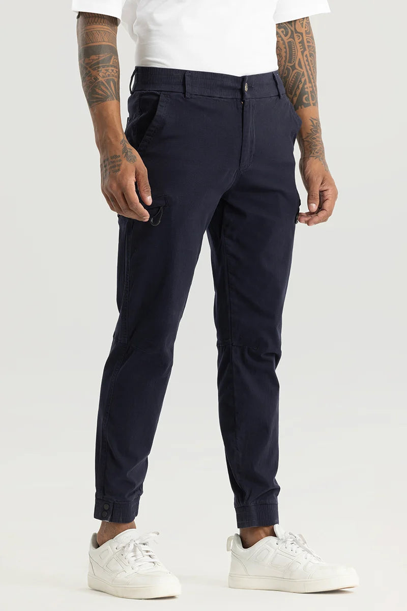 Enchant Navy Plain Slim Fit Cargo Pants