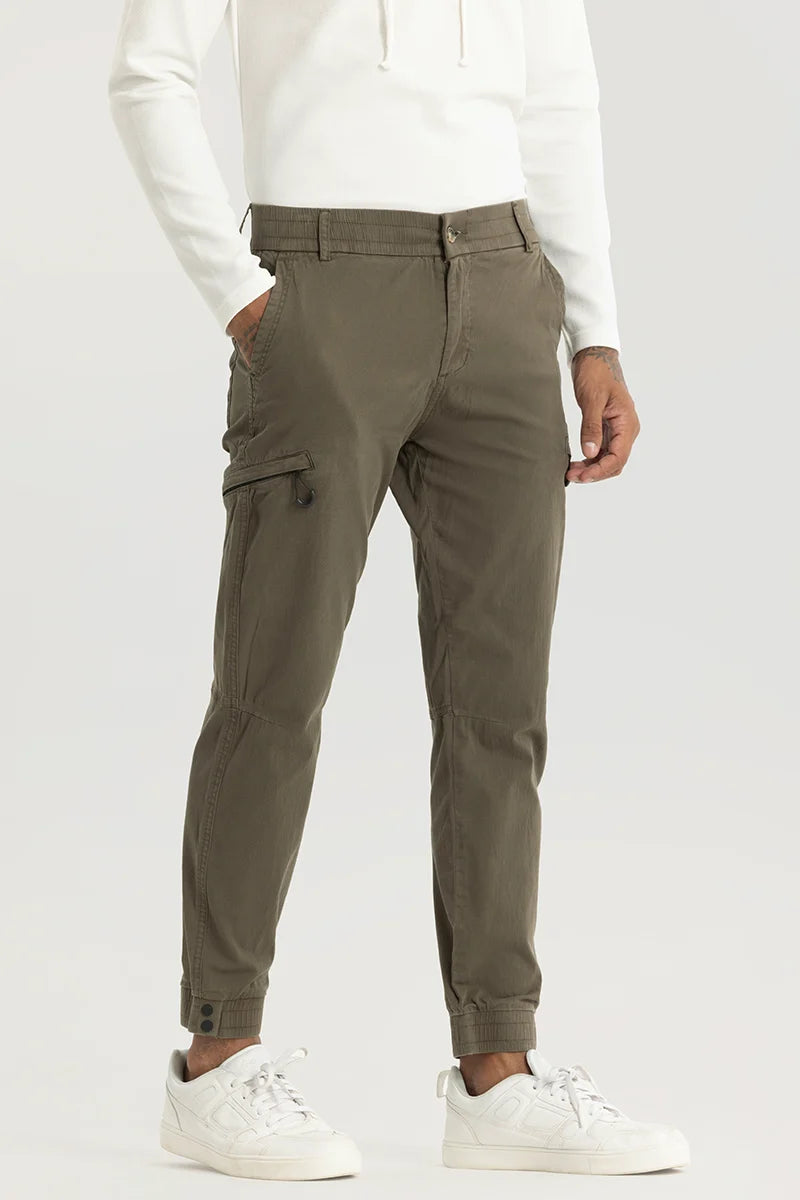 Enchant Olive Plain Slim Fit Cargo Pants