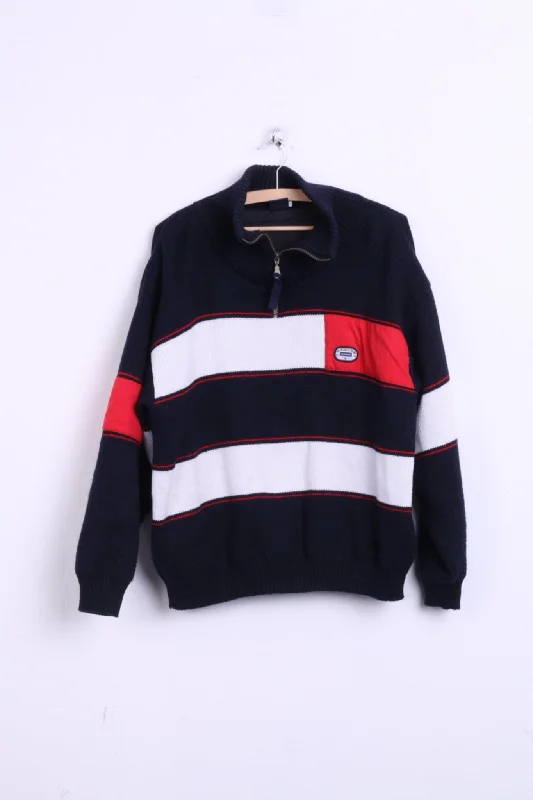 Navy Mens M Jumper Sweater Zip Neck Marine Jacket Striped Wool