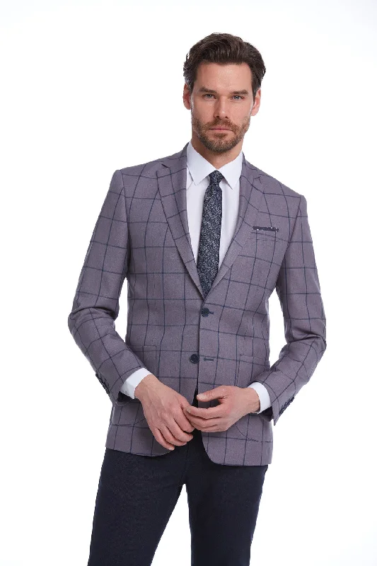 Slim Fit Notch Lapel Checked Brick Classic Blazer, Gray K.