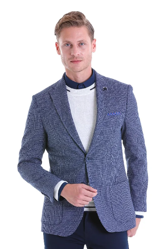 Slim Fit Notch Lapel Navy Houndstooth Casual Blazer