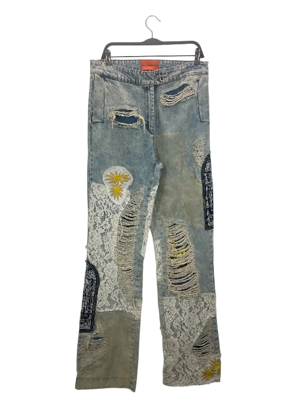 Bold Casual Look who decides war/Pants/30/Denim/BLU/Button Fly/Graphic/yellow flower/sewed lace